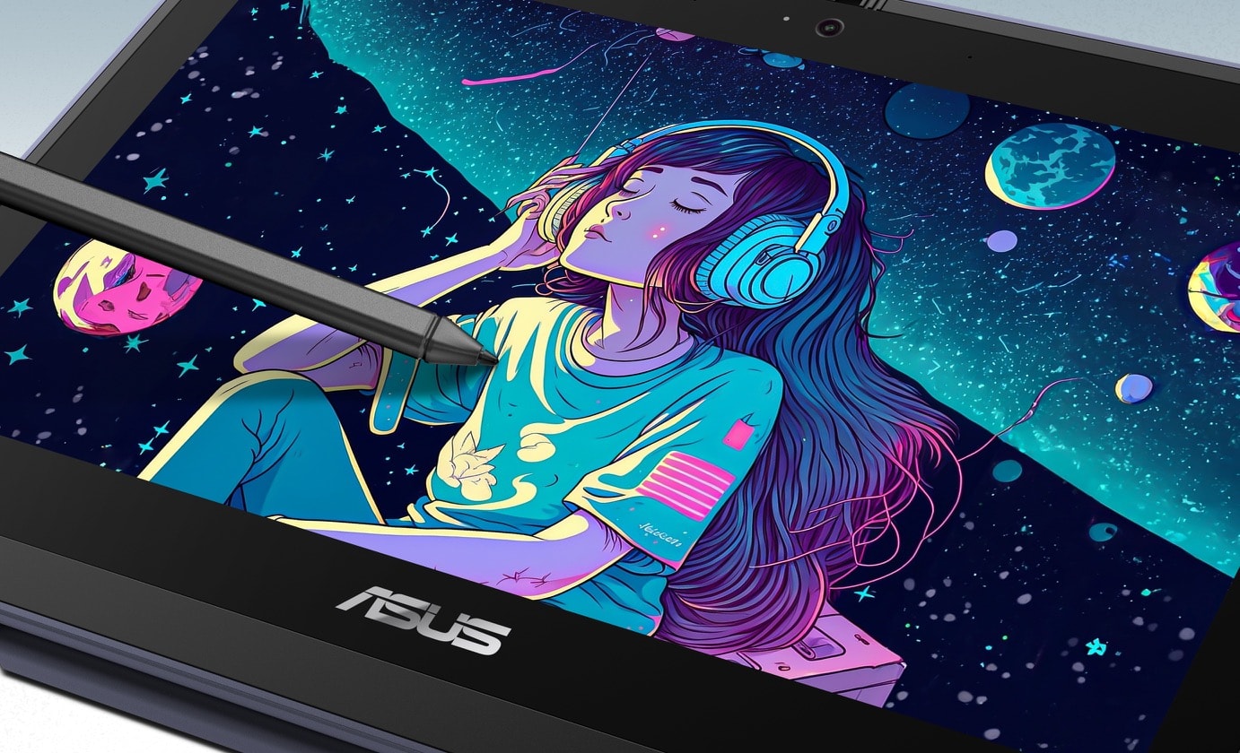 A close up, overhead view of an ASUS Chromebook CM14 Flip in tablet mode with a sketch on screen and a SA304H pointing toward the screen.