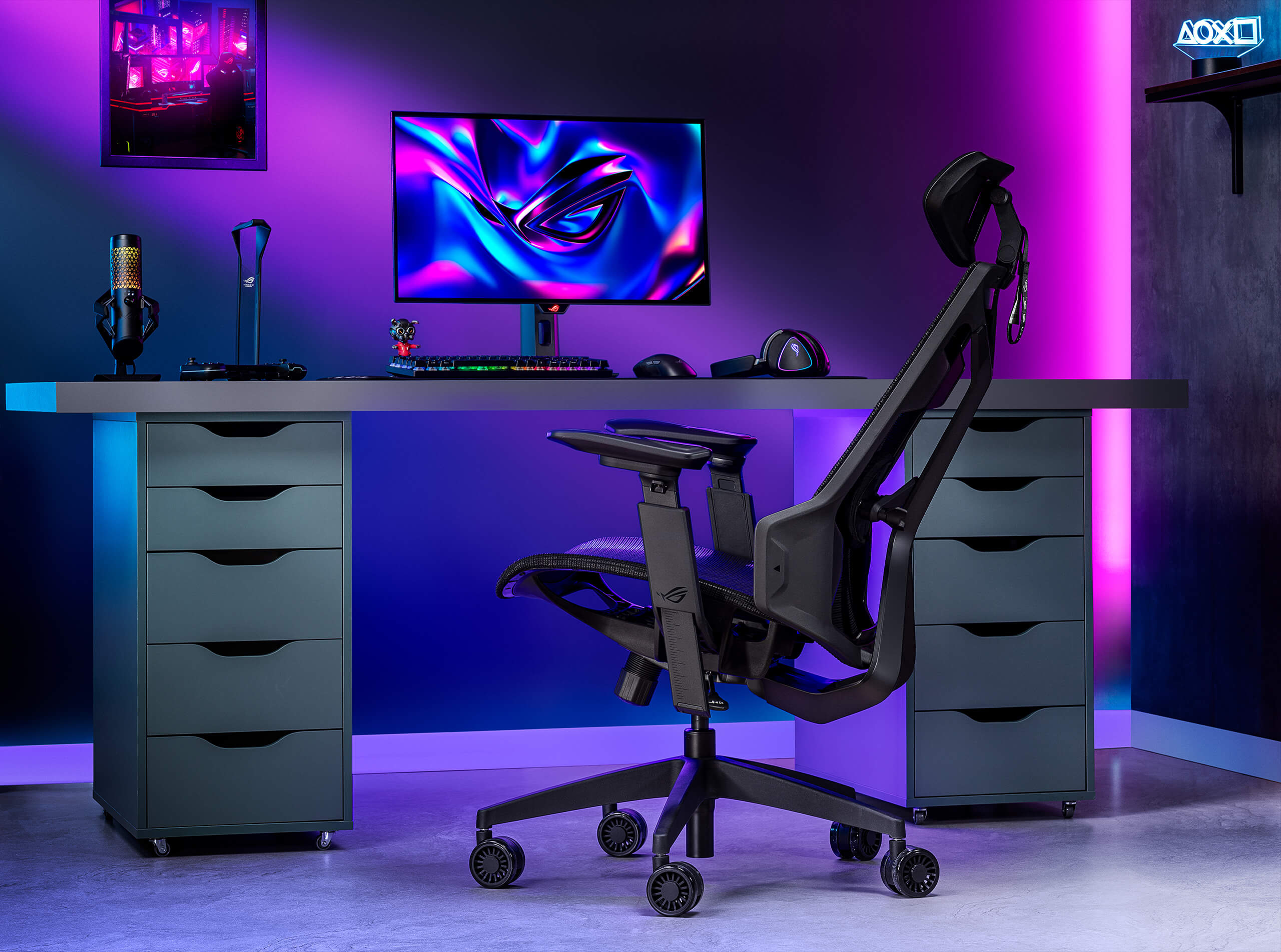 The ROG Destrier Core can be reclined and fixed in the specific level in the background of gaming room.