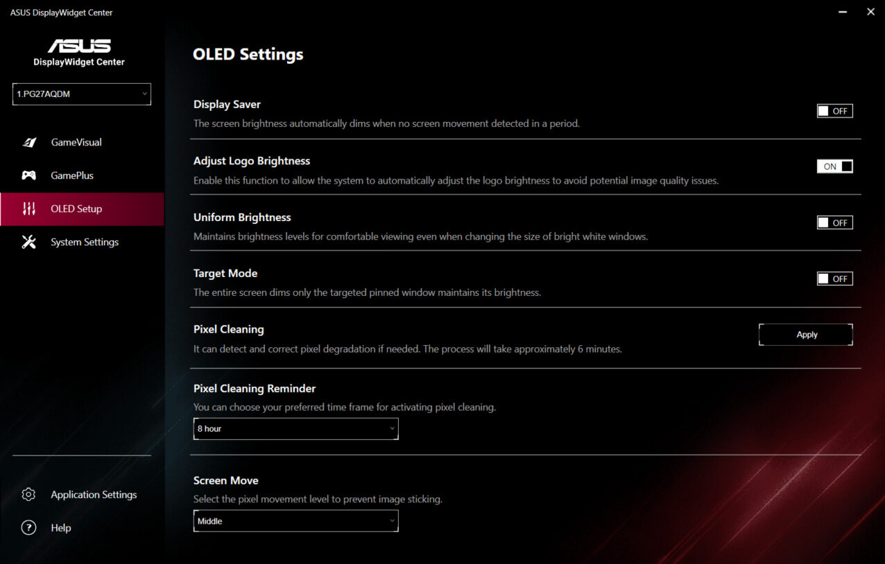 Users can protect their OLED PG27AQDM by some functions including screen saver, pixel cleaning, screen move, etc.