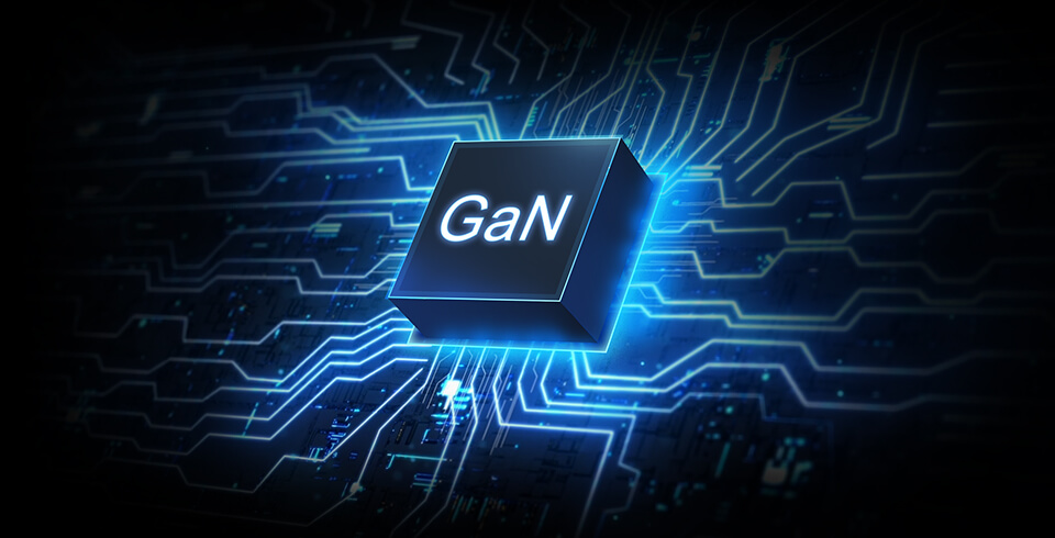 MOSFET de GaN con fondo temático PCB