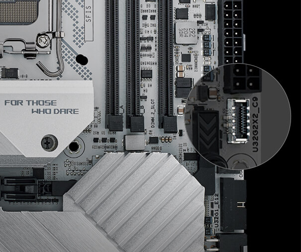 The ROG Maximus Z790 Apex motherboard features USB 3.2 Gen 2x2 front-panel connector with quick charge 4+.