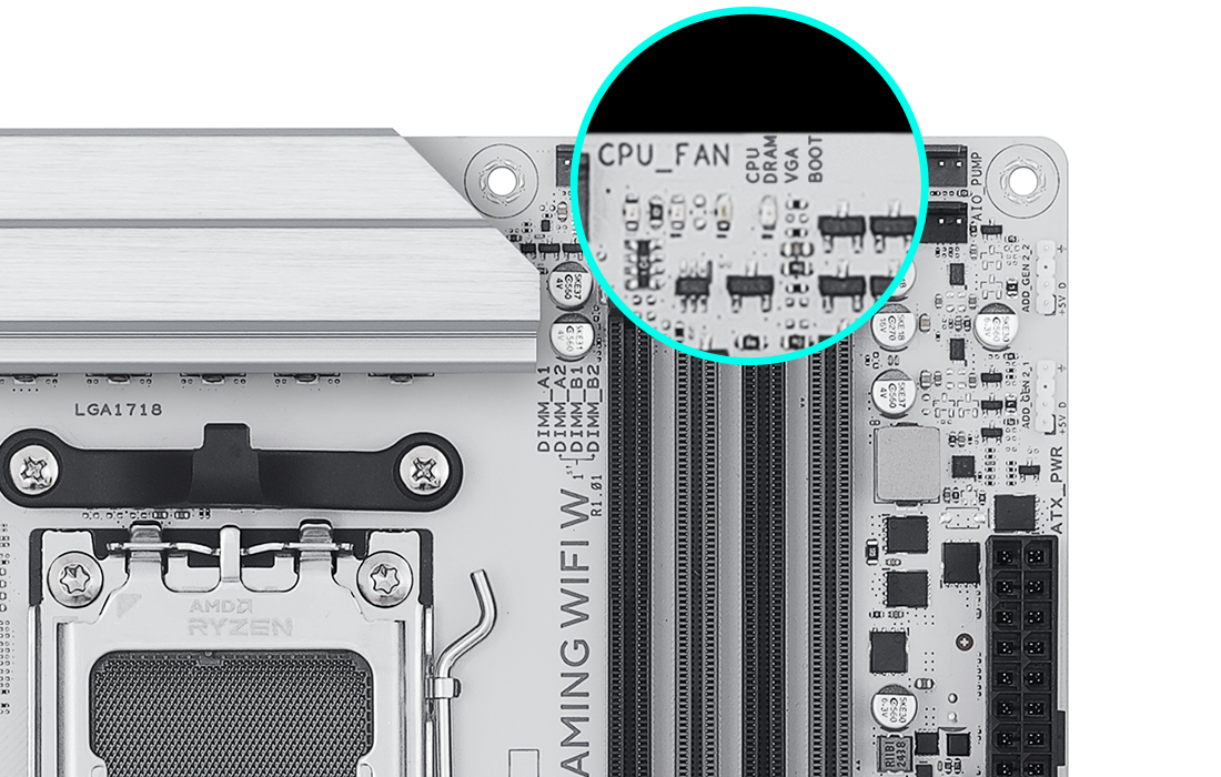 The X870 AYW GAMING WIFI W motherboard features Q-LED. 