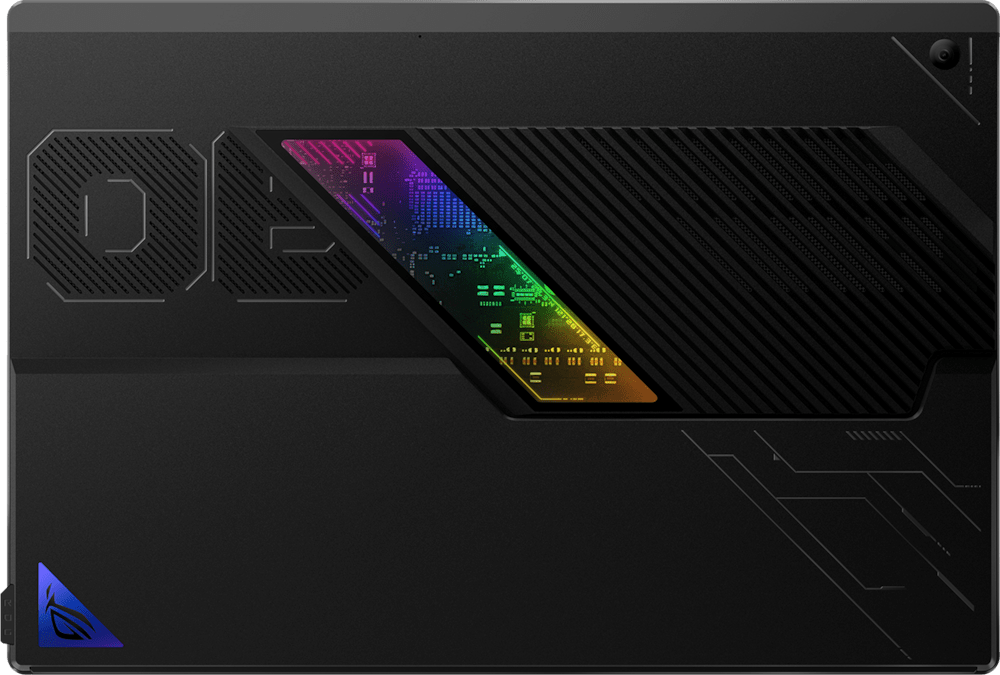 A side view of the Flow Z13 from the rear, with emphasis on the rear window and view into the motherboard. The Window is lit with RGB lighting.