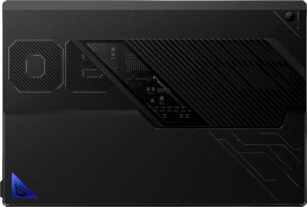 A side view of the Flow Z13 from the rear, with emphasis on the rear window and view into the motherboard.