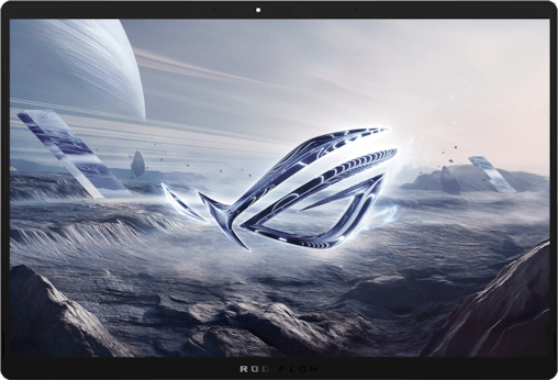 A Flow Z13 with the screen visible, with the ROG logo floating above a desert valley visible on screen.