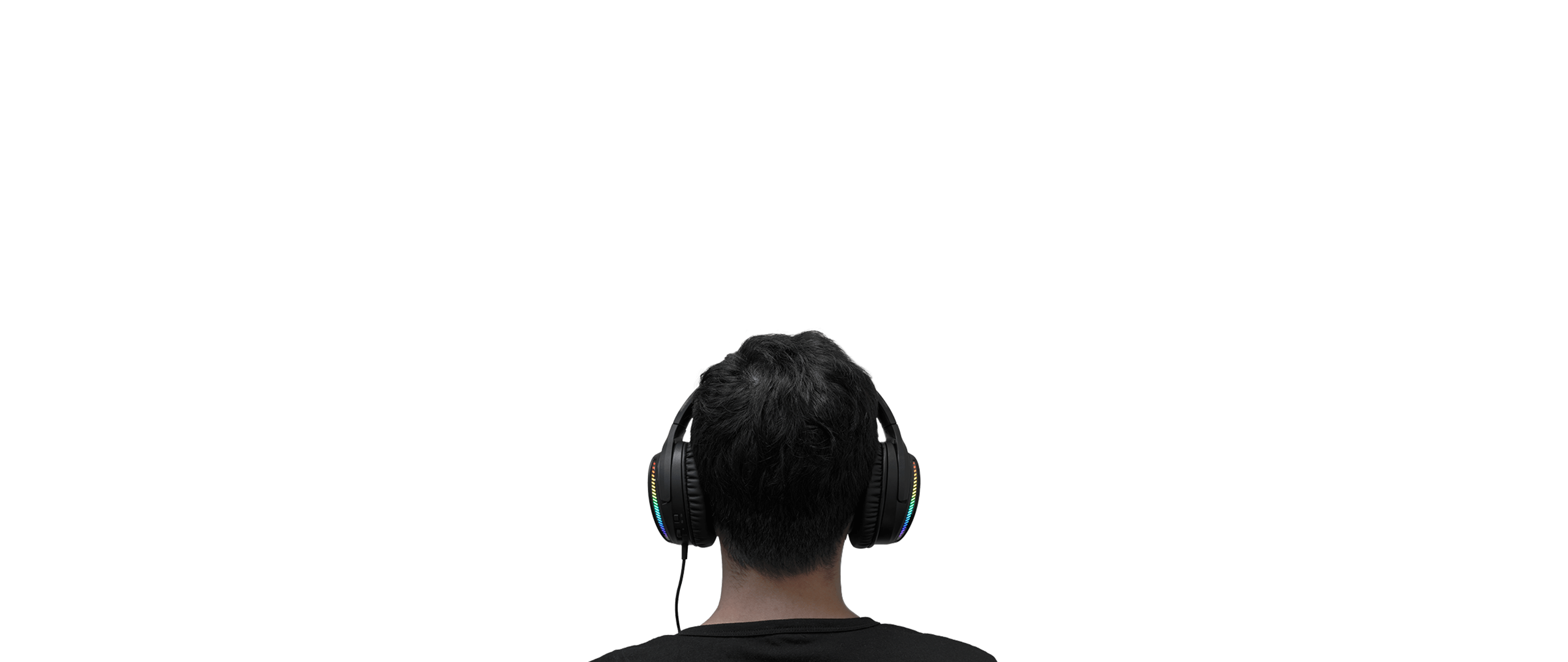 A person is wearing ROG Fusion II 300 from behind.