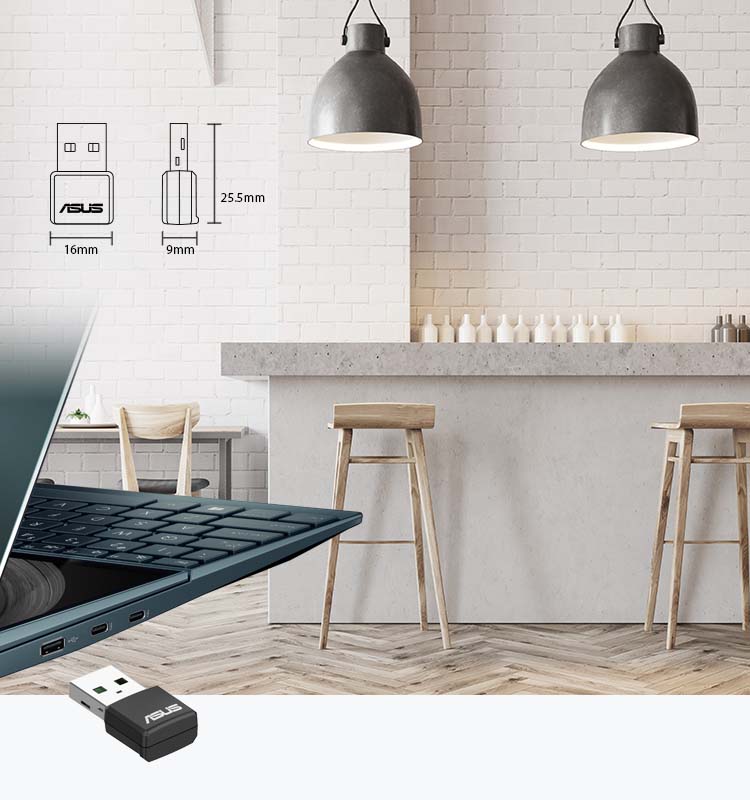 USB-AX55 Nano can be plugged easily into laptops or PCs with a USB port to give it full WiFi 6 speed capabilities.