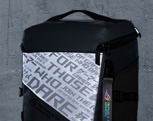 Close-up view of the ROG styling and cybertext on the exterior of the ROG Ranger BP2701 Gaming Backpack.