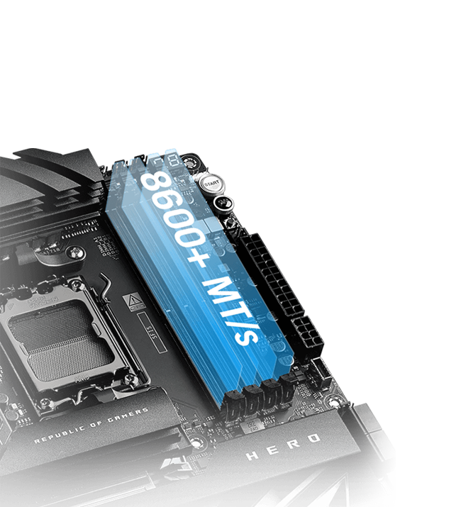The ROG Crosshair X870 Hero lets you overclock memory up to 8600+ MT/s.