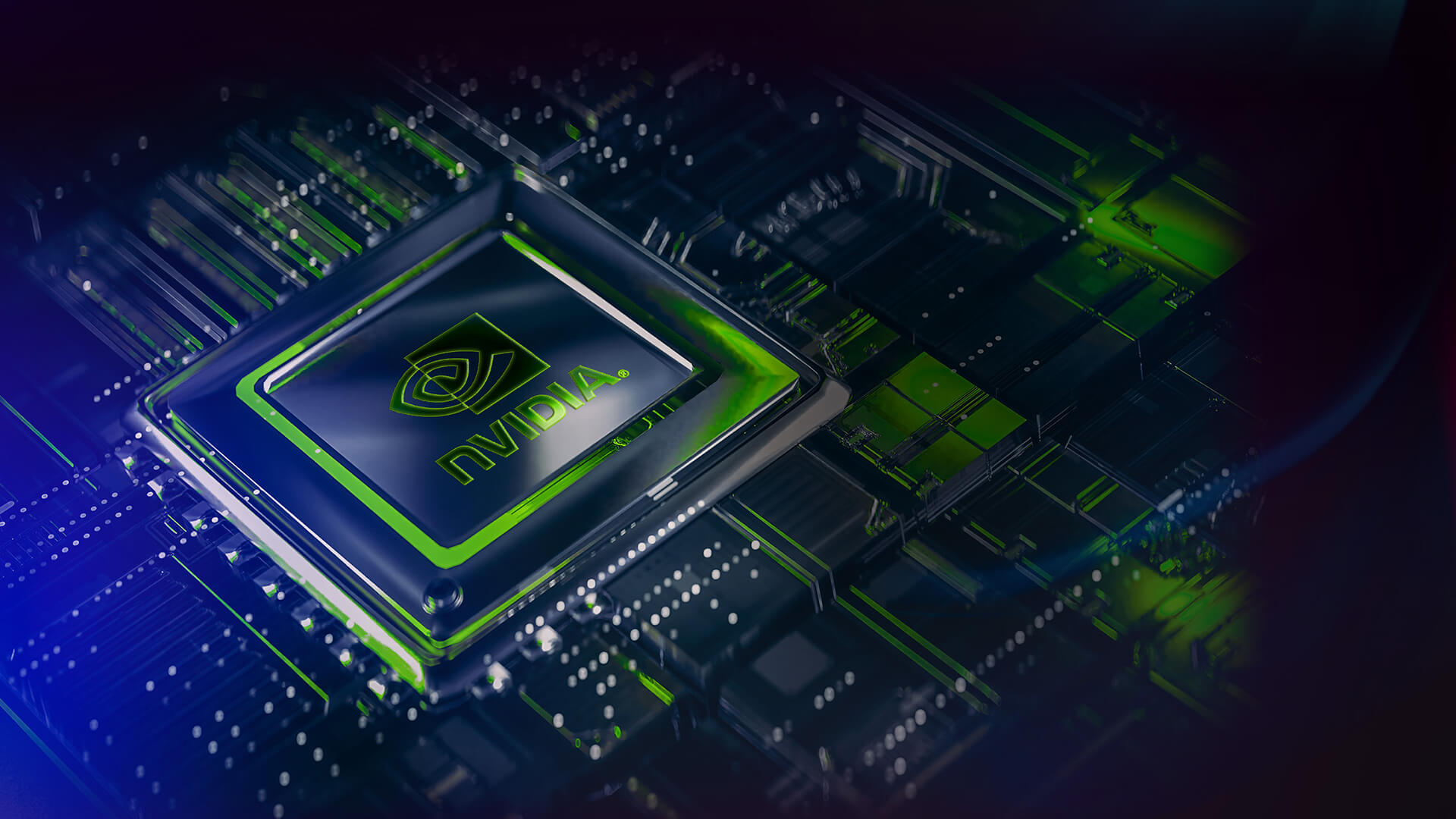 The NVIDIA GeForce RTX GPU die on a PCB, with electricity flowing to it.