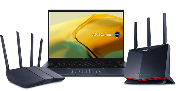 One ASUS Zenbook OLED 14, one ASUS RT-AX86U Pro WiFi router and one ASUS RT-AX57 WiFi router