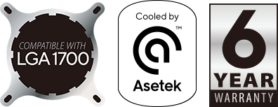 Kompatibel dengan LGA 1700, Didinginkan oleh Asetek, logo GARANSI 6 TAHUN