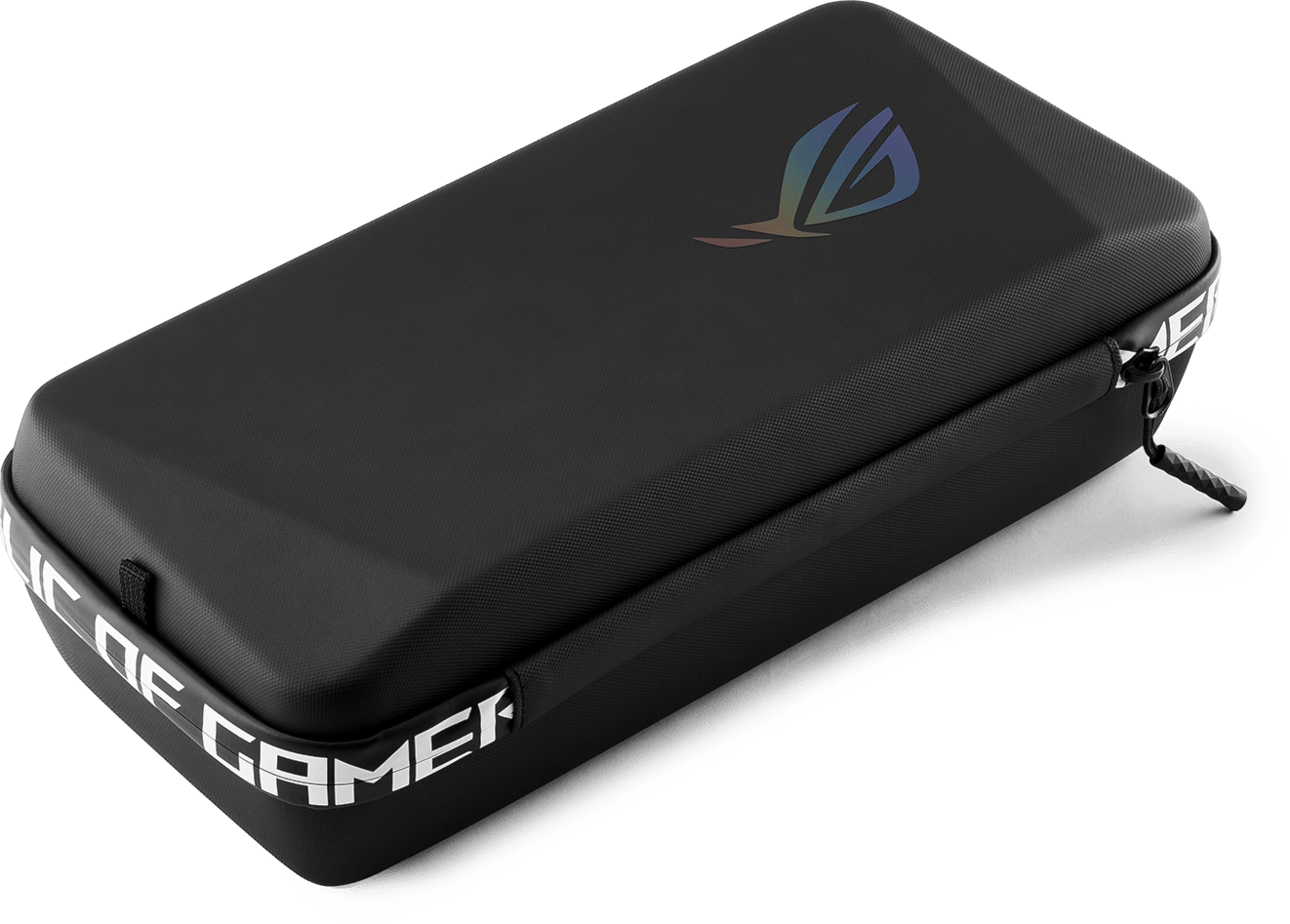 And ROG Ally Premium Hard Case laying on its side, with the ROG Fearless Eye logo visible as well as “Republic of Gamers” on the zipper stitching.