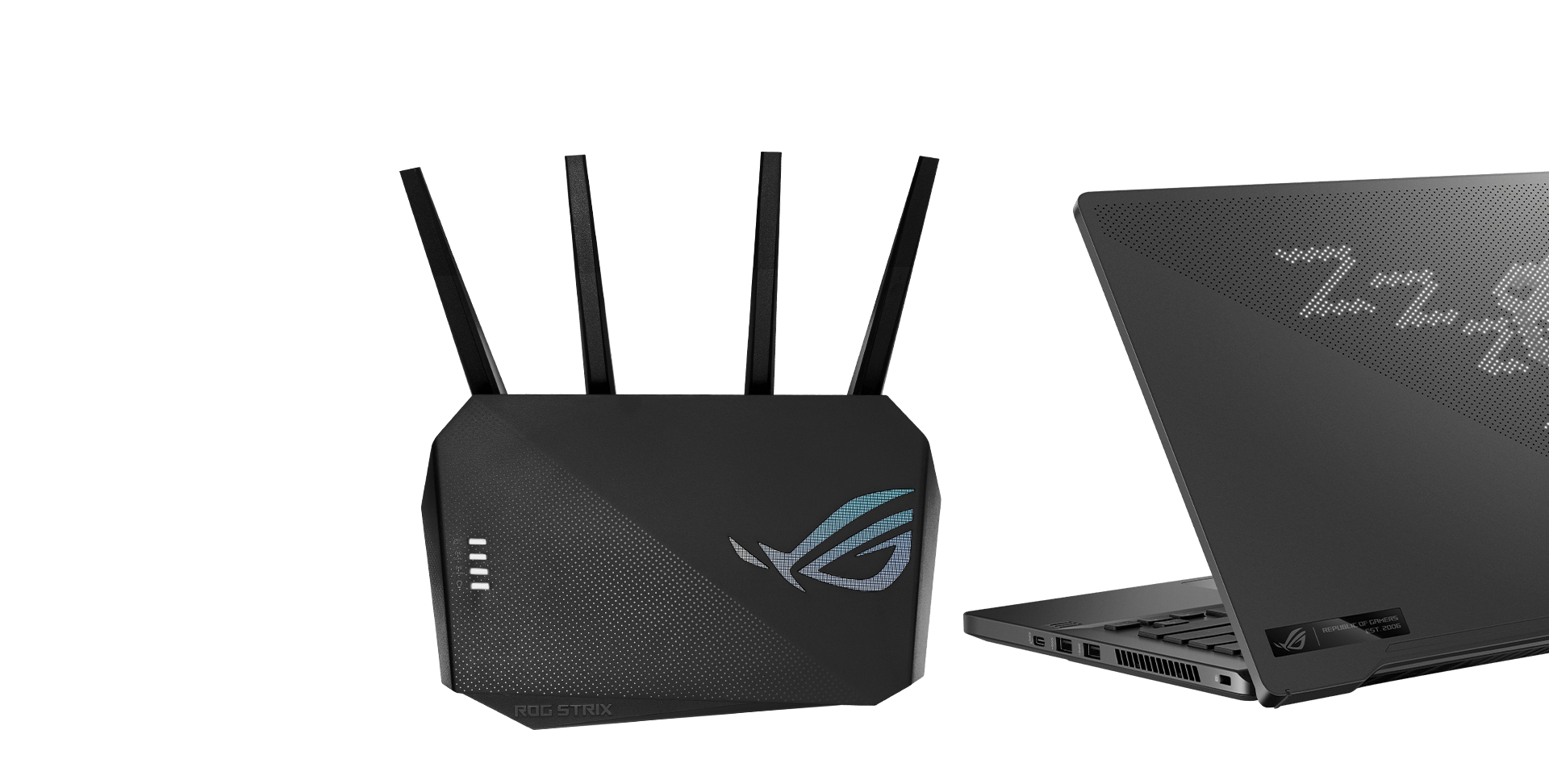 Die Draufsicht der ROG STRIX GS-AX5400 und eines Laptops