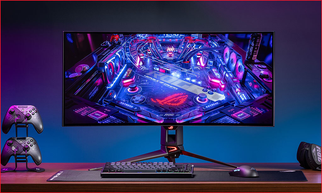 Front view of a gaming setup featuring PG34WCDM along with a keyboard and mouse