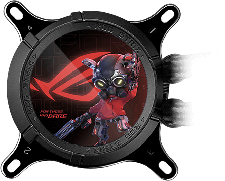 ROG Strix LC III LCD display with the image with ROG logo