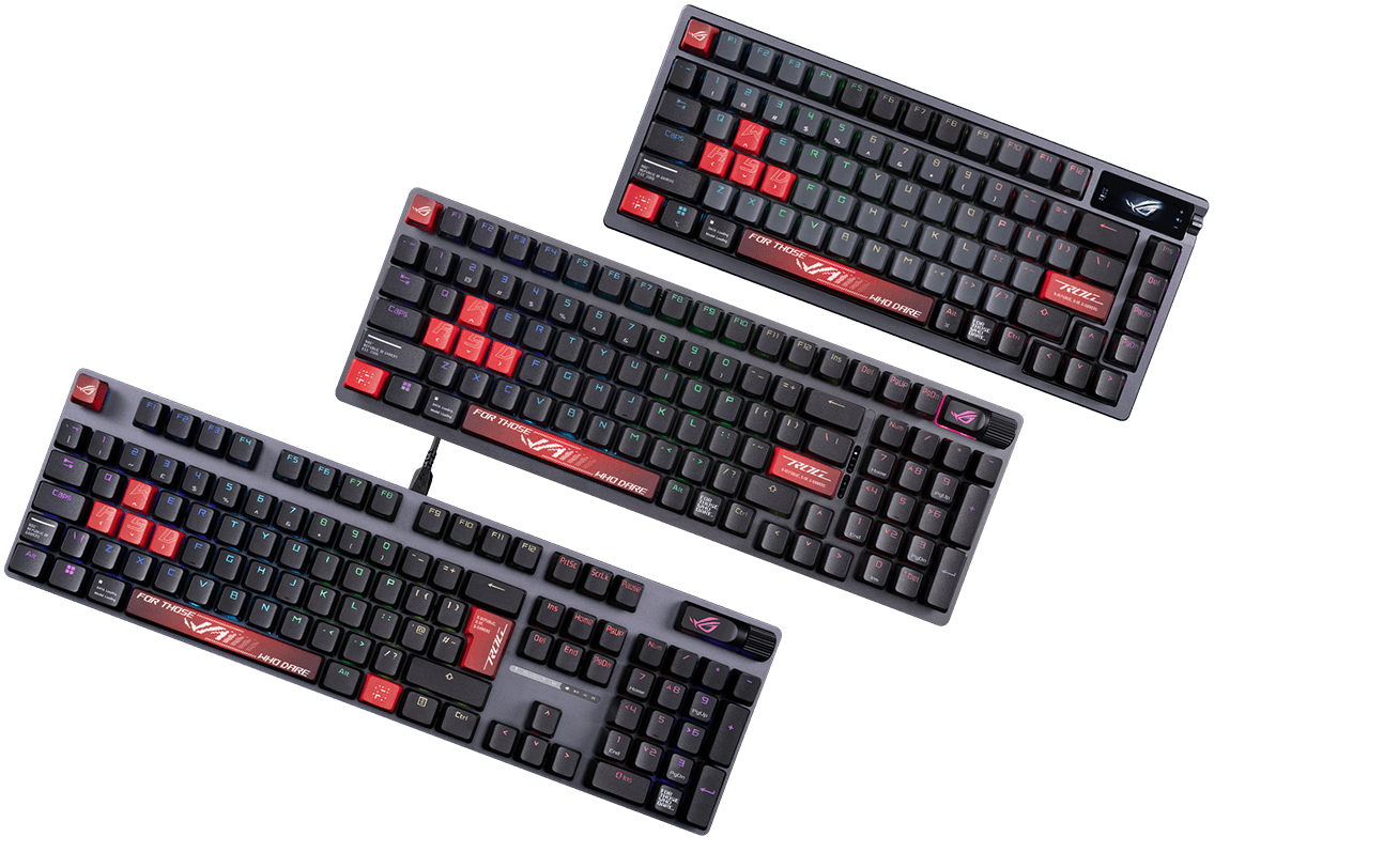 ROG Azoth, ROG Strix Scope II 96 Wireless and ROG Strix Scope II keyboards lineups with ROG Dye-Sub PBT Keycaps replaced.