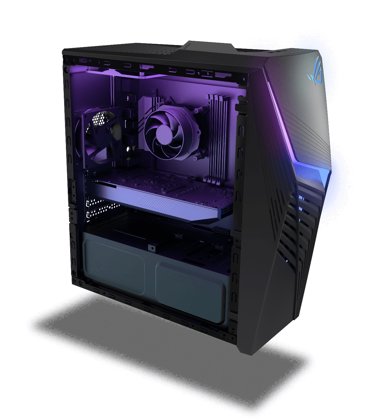 Rendu 3D du Strix G13CH, avec le panneau latéral flottant à quelques centimètres du côté de la machine