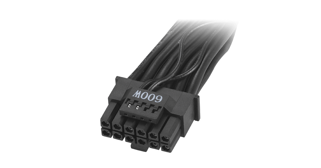 Close-up of individually sleeved 16-pin PCIe power cable rated for up to 600 watts