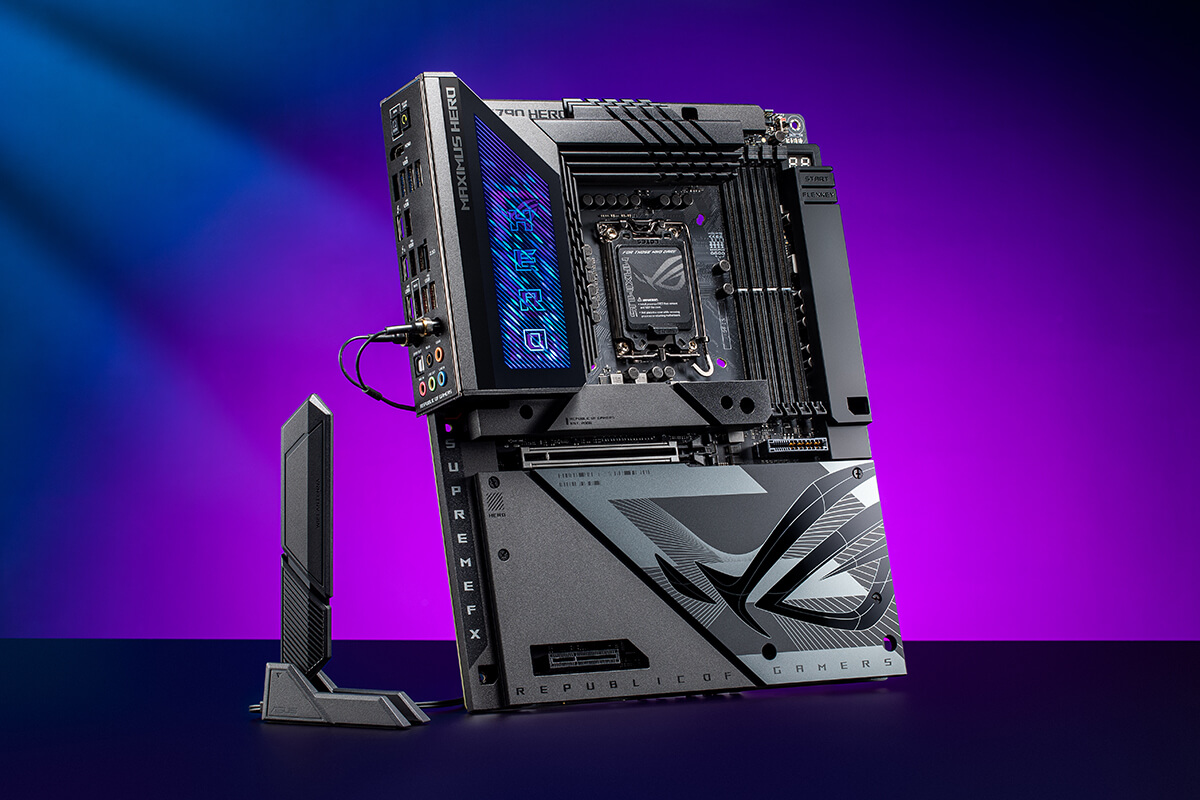 The front angle of ASUS ROG Maximus Z790 Hero BTF motherboard with Asus WiFi Q-Antenna from right view