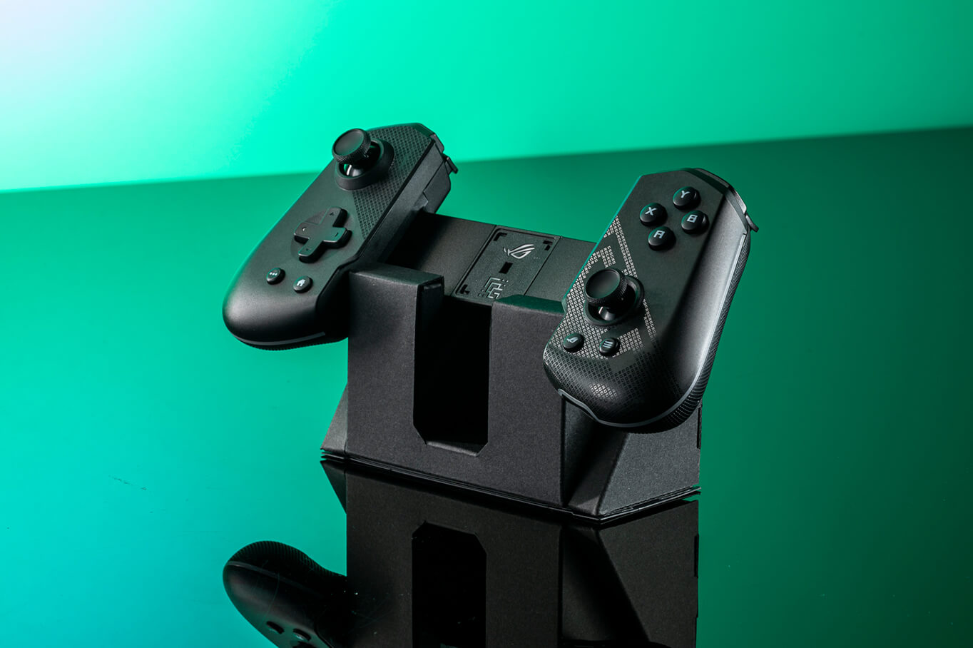 ROG Tessen standing on part of its packaging - FSC® Mix controller stand.