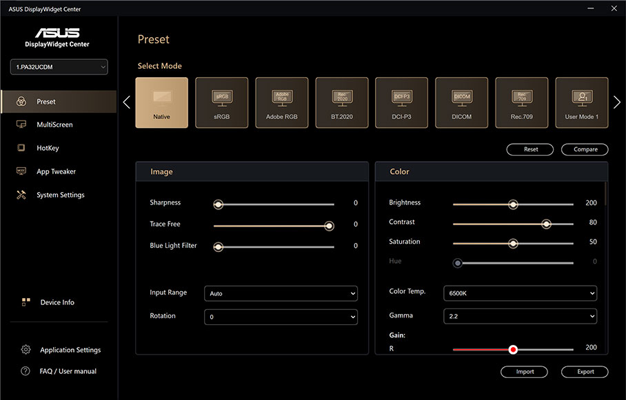 The ASUS Display Widget Center interface, showing a selection of preset color modes and sliders for adjusting image and color settings.