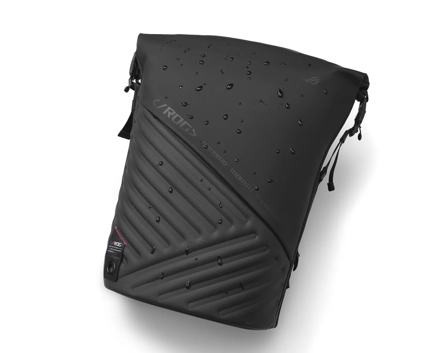 The ROG SLASH Backpack 4.0 on a white background, with the bag covered in water droplets.
