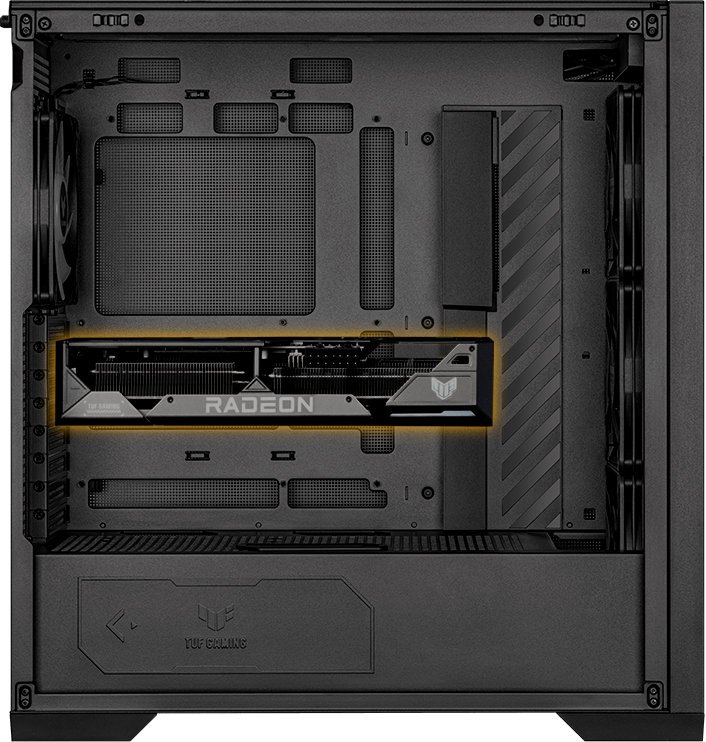TUF Gaming GT302 ARGB PC build side view with the graphics card installed horizontally