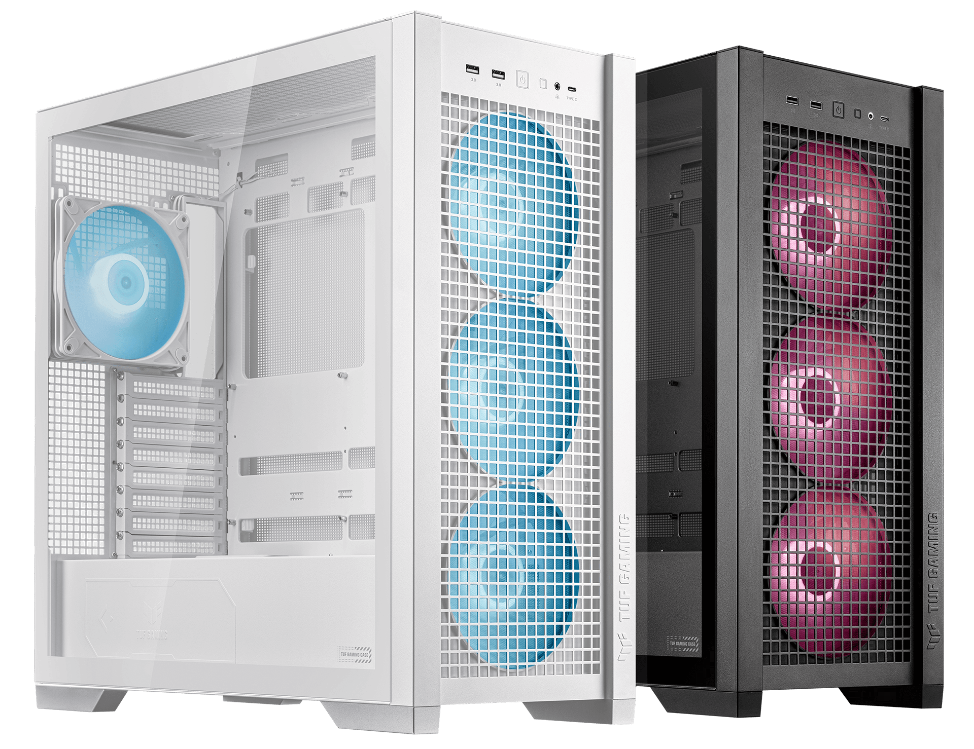 A black and a white TUF Gaming GT302 ARGB PC case side-by-side