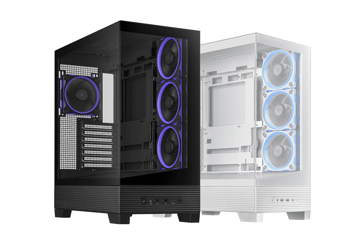 Side-by-side view of one black and one white ASUS A31 PLUS PC build