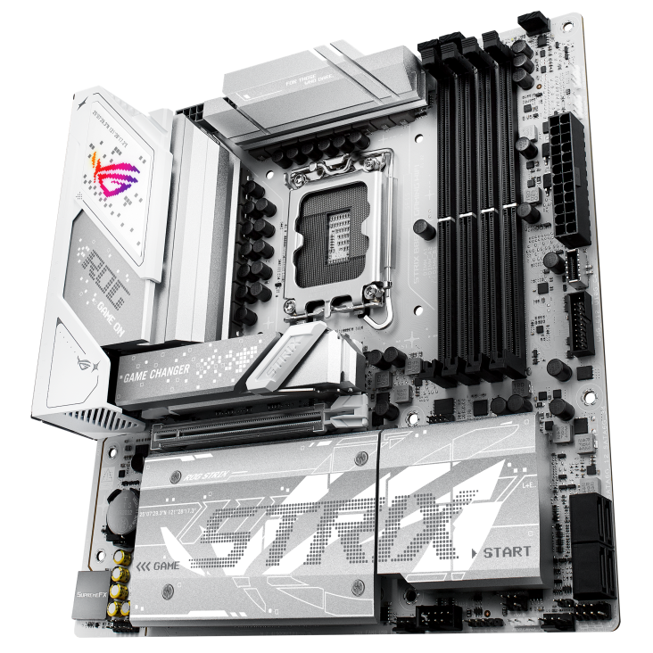 ROG STRIX B860-G GAMING WIFI front view, 60 degrees, viewed from the bottom left looking upward