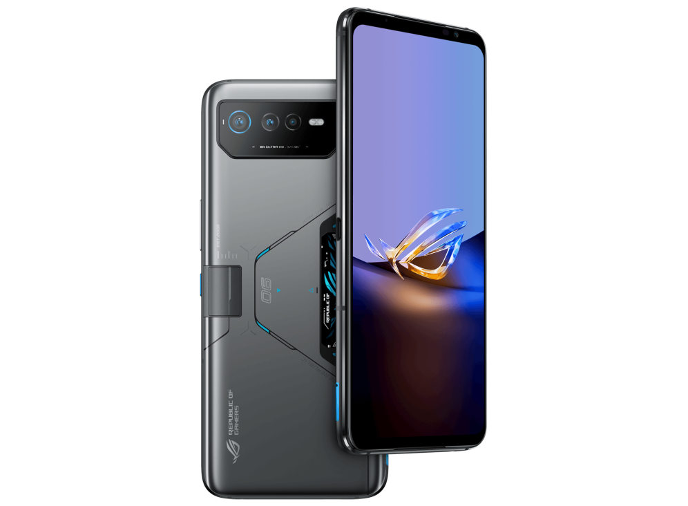 ROG Phone 6D Ultimate angled view from front and the other ROG Phone 6D Ultimate angled view from back, tilting at 45 degrees