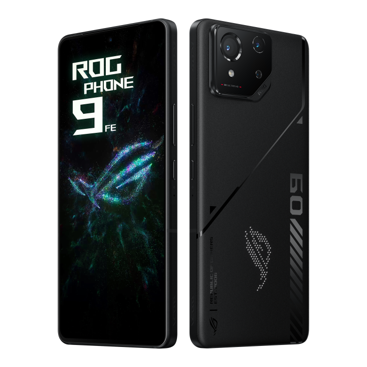 Two ROG Phone 9 FE Phantom Black angled view from both front and back, tilting at 45 degrees.​