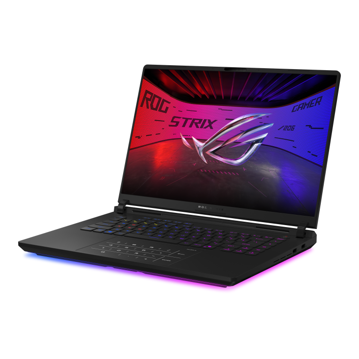 Off center shot of the front of the Strix SCAR 16, with the ROG Fearless Eye logo on screen
